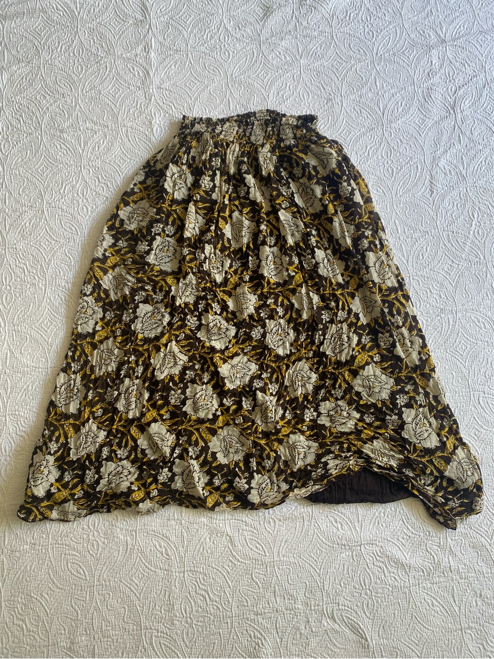 NATURAL LIFE Black Skirt with White Floral & Mustard Vines
